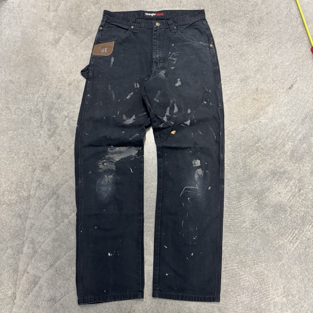 Men's Wrangler Riggs Black Canvas Work Pants Distressed Painted Up Utility 32x32